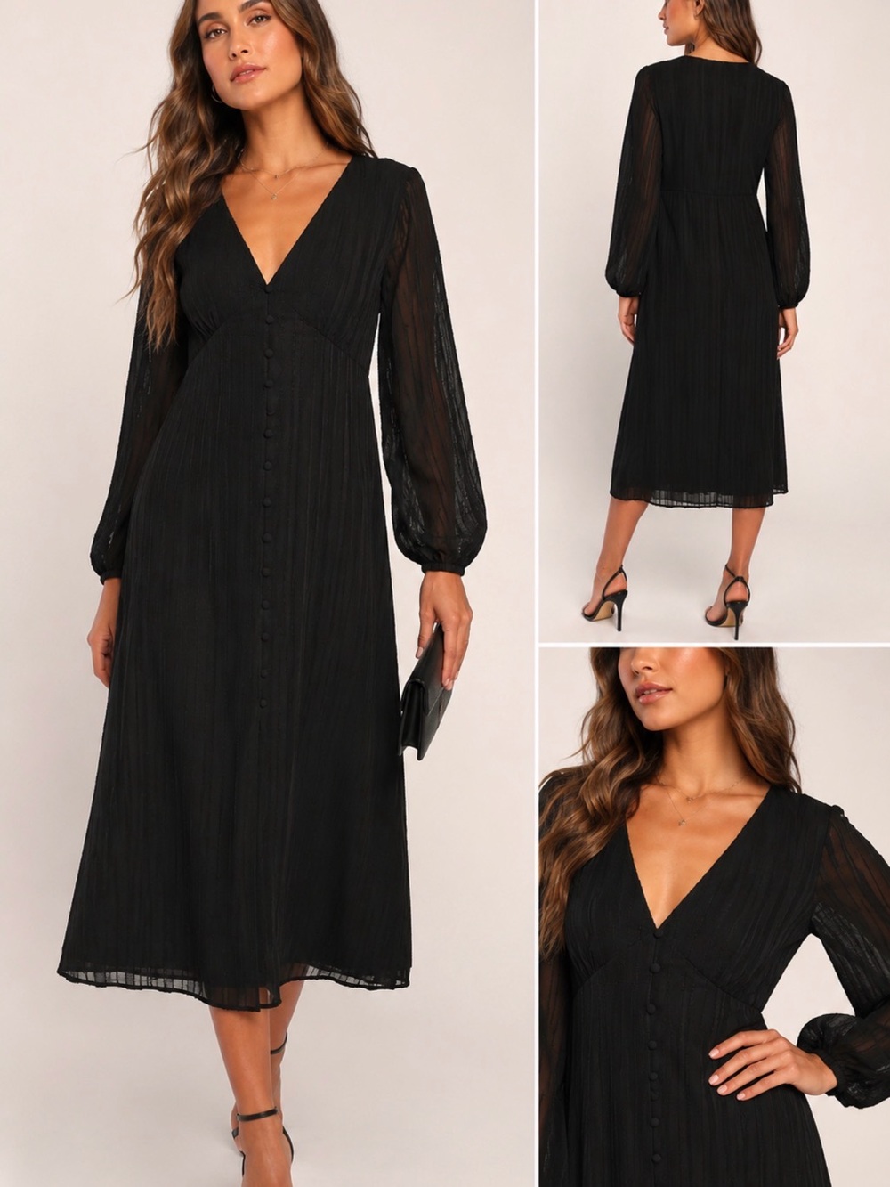 Lulu's Black V-Neck Button-Front Midi Dress
